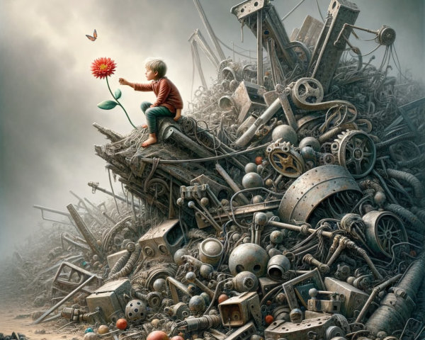 Surreal Landscape of Junk with Child and Flower