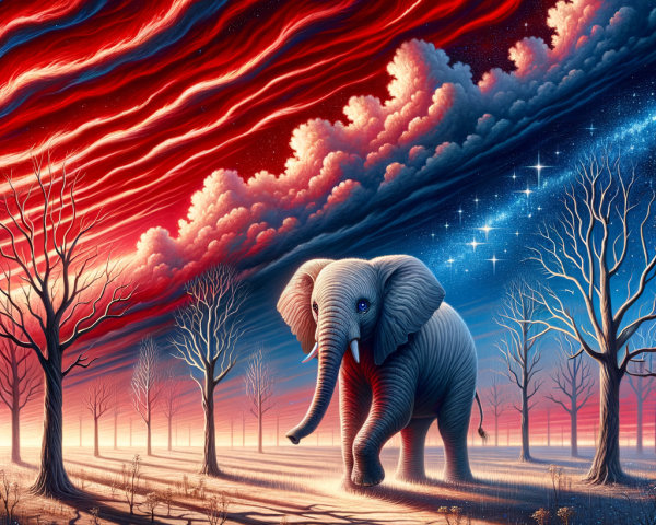 Majestic elephant in a surreal, dreamlike landscape