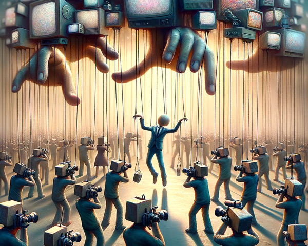 Surreal Scene of Puppet Manipulation and Media Control