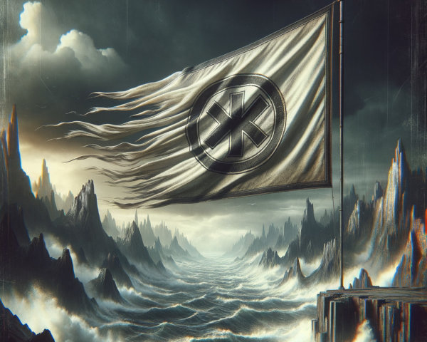 Digital painting of a stormy landscape with a flag