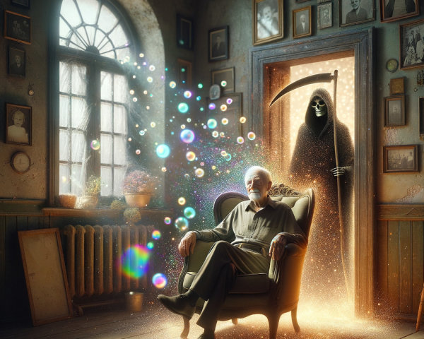 Elderly Man in Armchair with Shadowy Figure and Bubbles