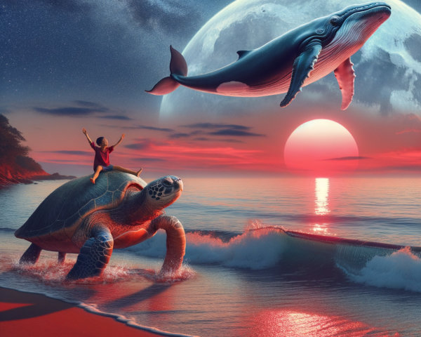 Surreal Seaside Scene with Turtle and Whale Under Moon