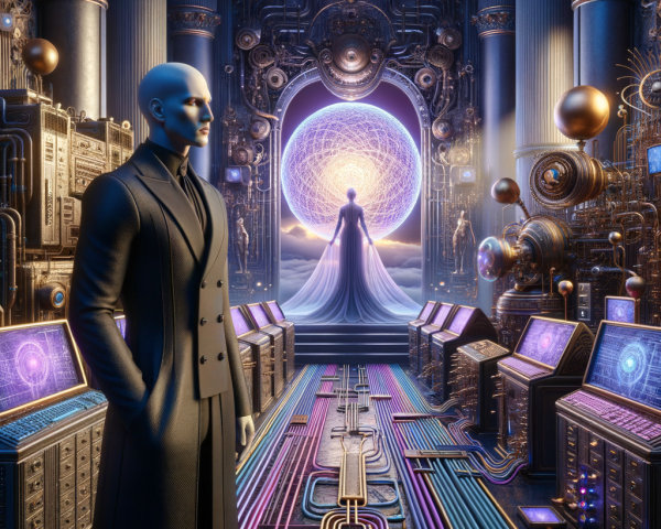 Futuristic Room with Intricate Machinery and Portal