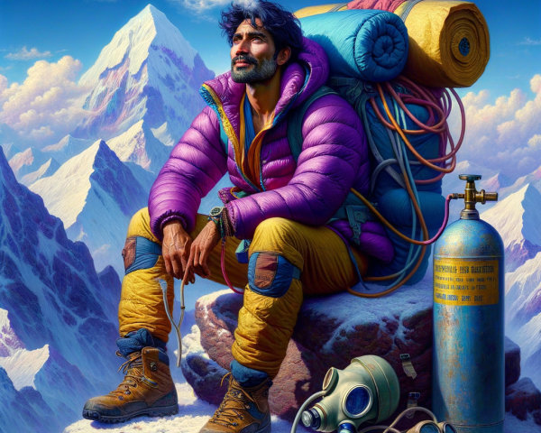 Rugged Mountaineer on Rocky Outcrop with Snow-Capped Peak