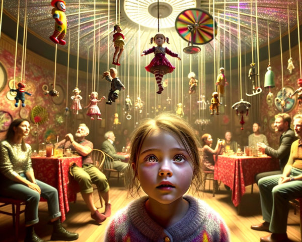 Whimsical Room with Dolls, Toys, and Colorful Lights