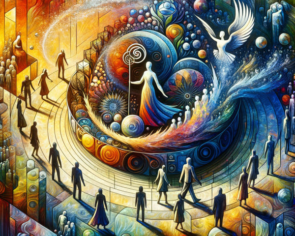 Vibrant Cosmos with Abstract Shapes and Spiritual Themes