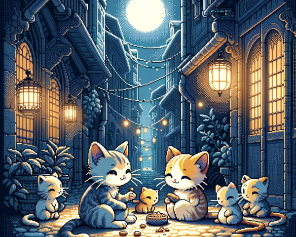 Kittens in a Moonlit Alleyway with Lanterns and Treats