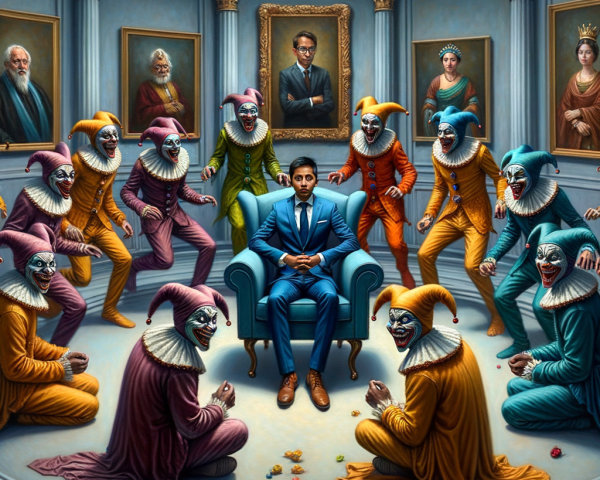 Man in Gallery Surrounded by Colorful Clowns