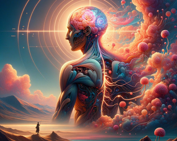 Surreal Human Figure with Colorful Patterns and Energy