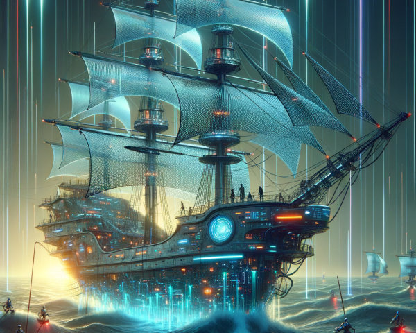 Futuristic Sailing Ship in Glowing Digital Waves