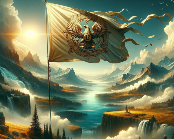 Detailed Fantasy Landscape with Majestic Eagle Flag