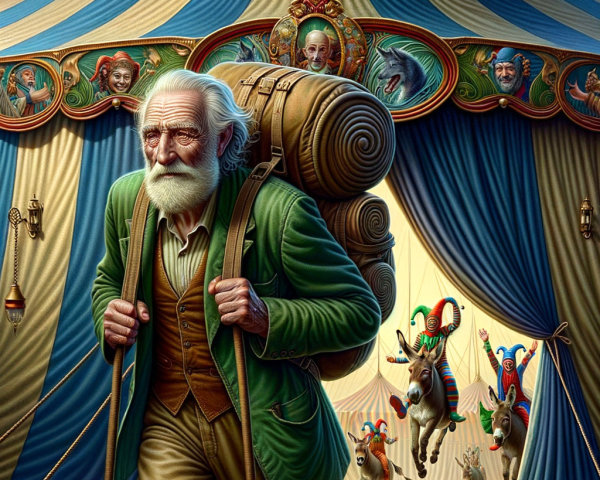Elderly Man Approaches Colorful Circus Tent Scene