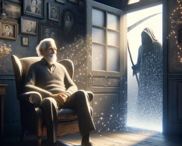 Elderly Man and Spectral Figure in Dimly Lit Room