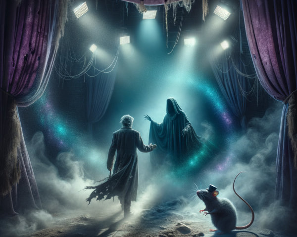 Cloaked Figure and Suit-Clad Man on Dim Stage