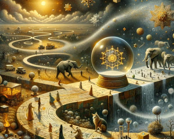 Surreal Landscape with Crystal Ball and Elephants