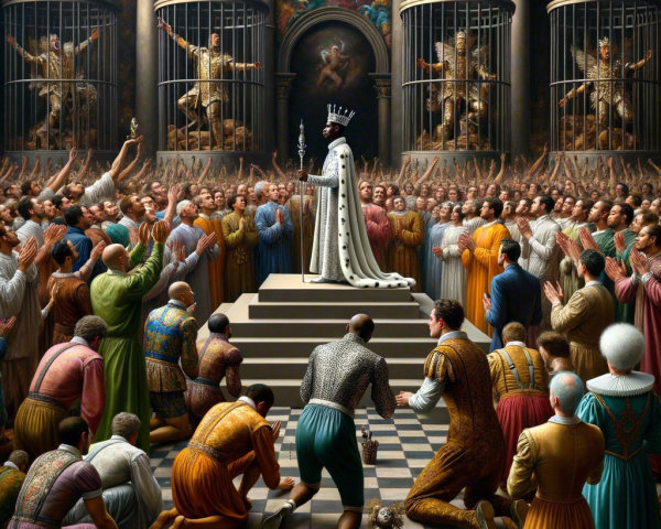 Regal Figure in Grand Hall Surrounded by Devotees