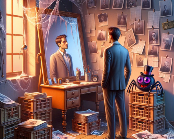 Man in Suit Reflects in Dim Room with Spider Decor