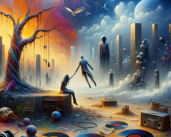 Surreal Landscape with Ethereal Figures and Vibrant Colors