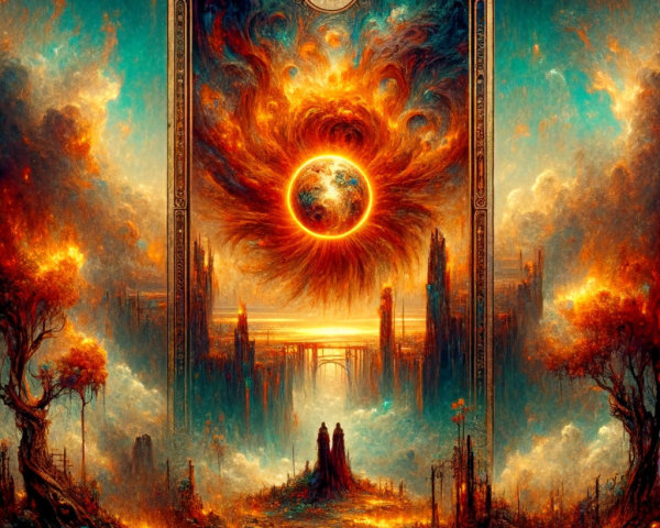 Surreal Landscape with Fiery Sun and Mythical Elements