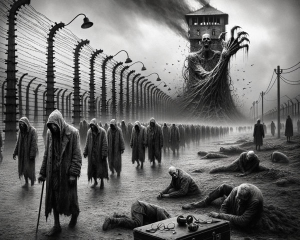 Dystopian Scene with Skeleton and Hooded Figures