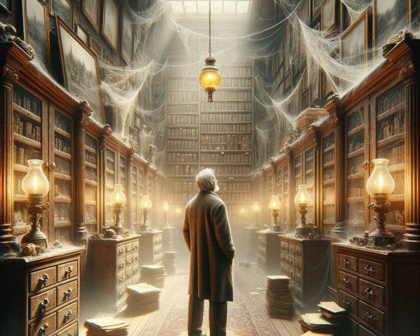 Grand library with dusty books and antique lamps