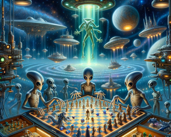 Alien Figures Playing Chess in a Cosmic Setting