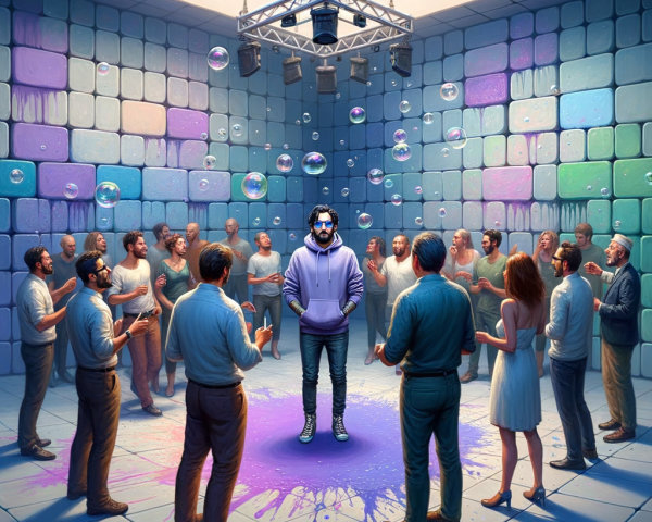 Vibrant Scene with Central Figure in Purple Hoodie