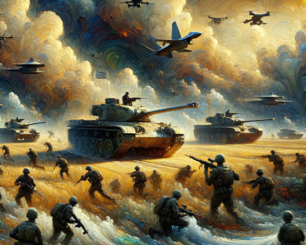 Battlefield Scene with Tanks, Soldiers, and Jets