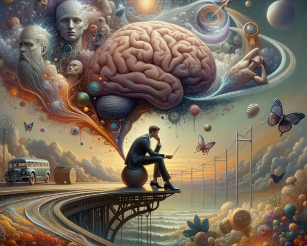 Surreal Scene of a Man on a Sphere with Brain Imagery