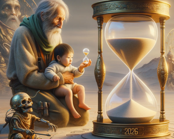 Old Man and Baby with Hourglass on Stone Platform