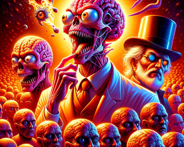 Surreal Scene with Grotesque Figures and Vibrant Colors