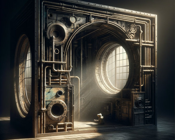 Industrial Cube with Large Windows and Mysterious Figure