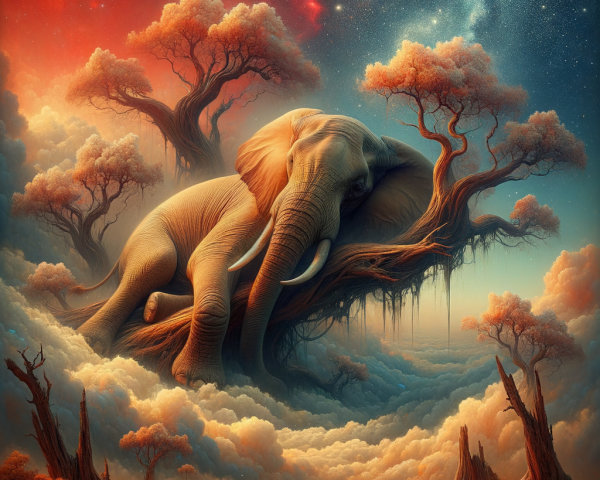 Surreal Landscape with Elephant on Twisted Tree