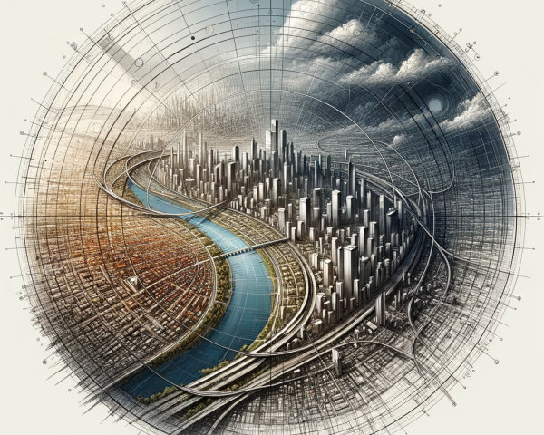 Contrasting Circular Cityscape with Industrial and Futuristic Elements