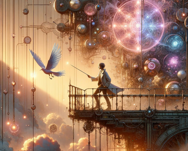 Surreal Steampunk Scene with Wand and Luminous Bird