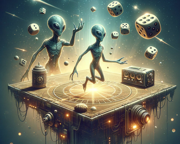 Surreal Scene of Aliens Playing with Oversized Dice