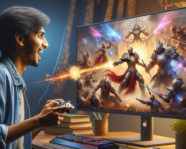Young man playing video game at wooden desk