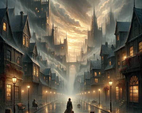Mysterious Rain-Soaked Street with Gothic Architecture