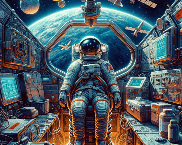 Astronaut in High-Tech Spacecraft with Earth View