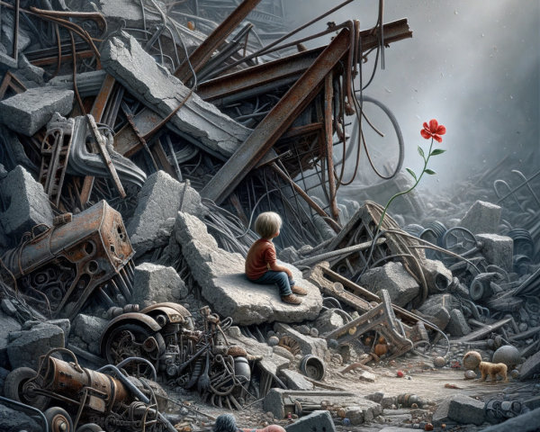 Child in Ruins Observes Flower of Hope Amidst Despair