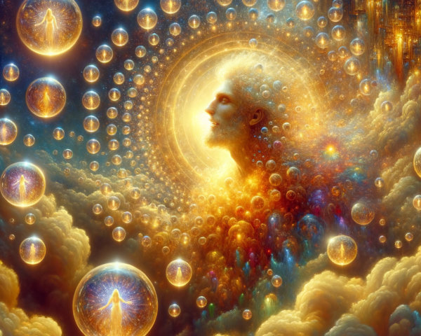 Cosmic Scene with Human Face and Ethereal Orbs