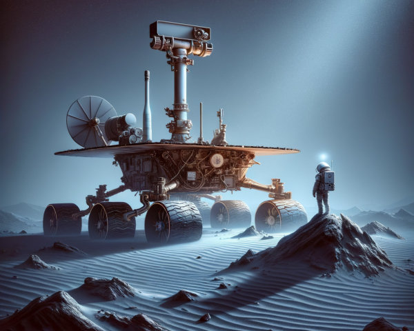 Astronaut Observes Futuristic Rover on Rocky Terrain