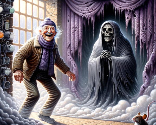 Elderly Man Meets Ghostly Figure in Misty Room