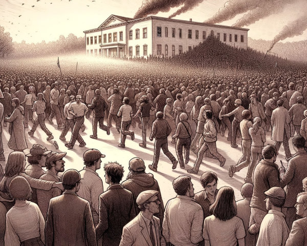 Crowd Assembles Before Historic Building in Smoke