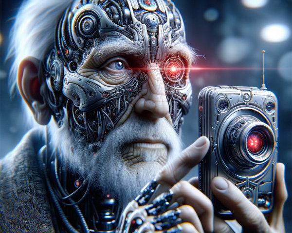 Elderly Cyborg with Futuristic Camera in High-Tech Setting