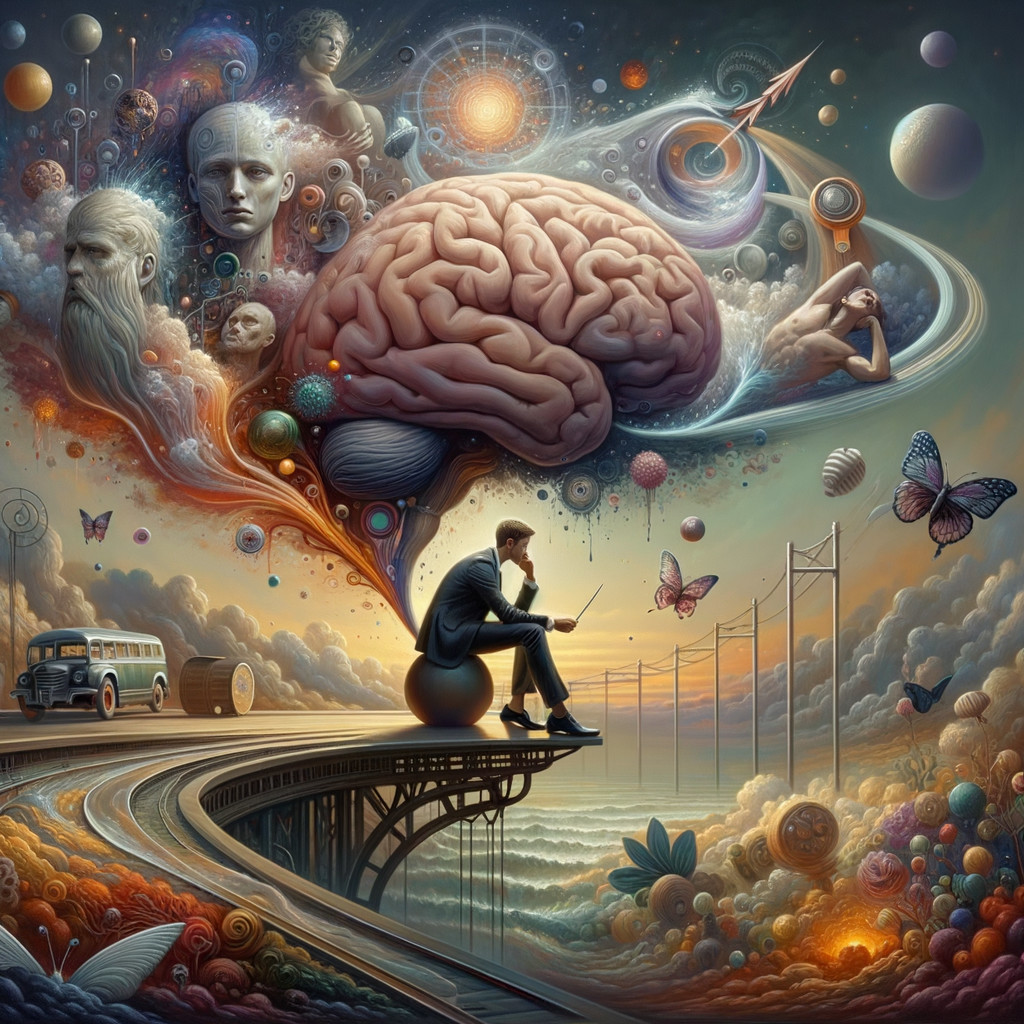 Surreal Scene of a Man on a Sphere with Brain Imagery