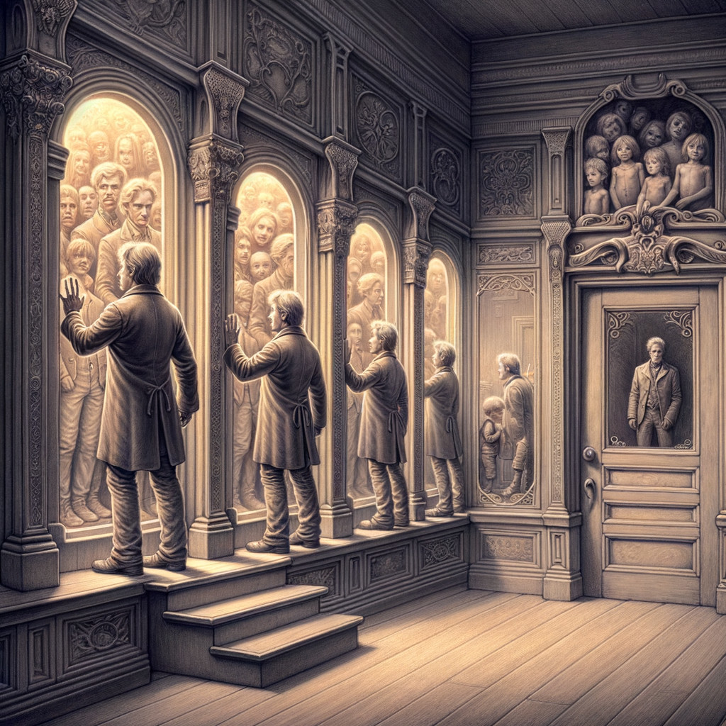 Ornate Room with Figures and Ethereal Portraits