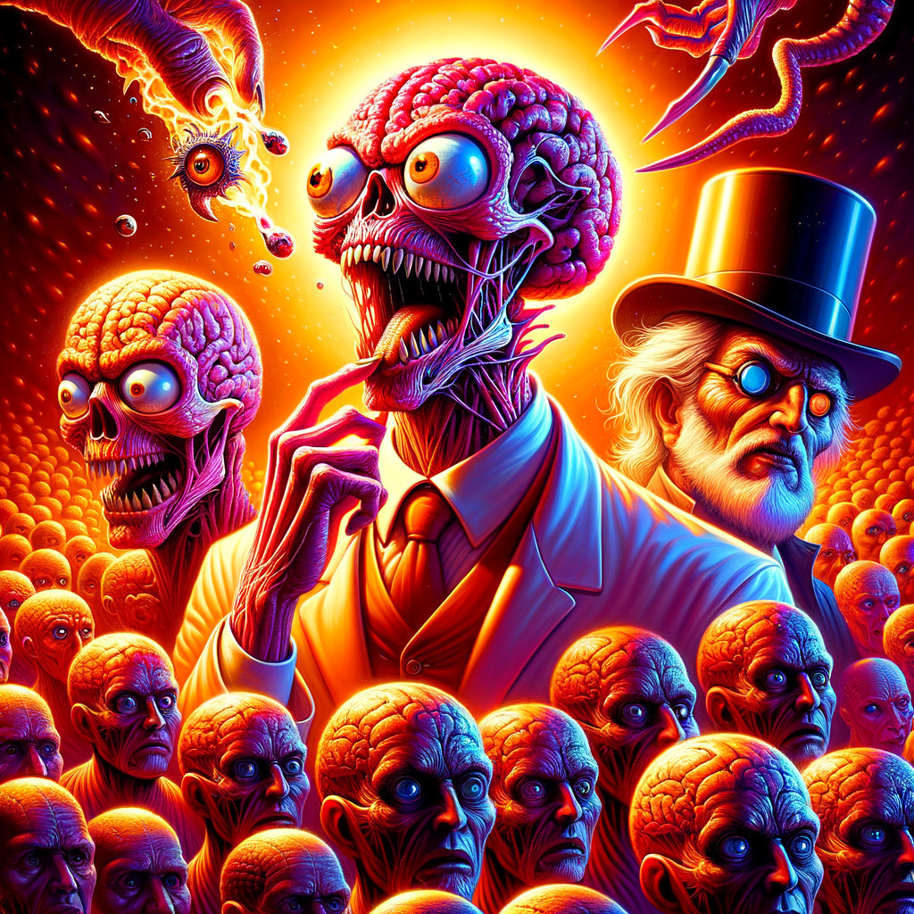 Surreal Scene with Grotesque Figures and Vibrant Colors