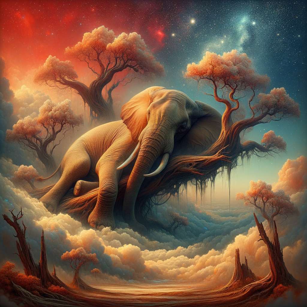 Surreal Landscape with Elephant on Twisted Tree