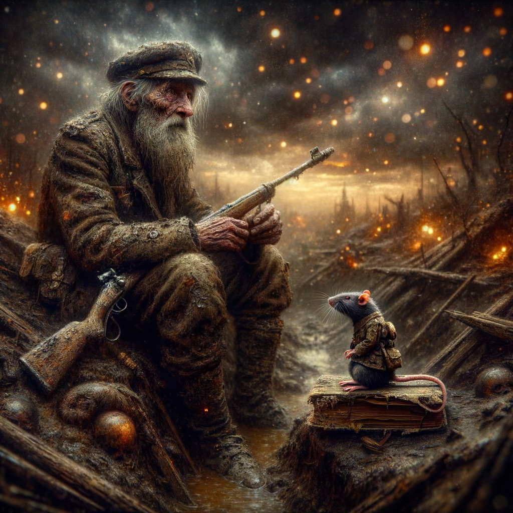 Old soldier in trenches with anthropomorphic rat companion